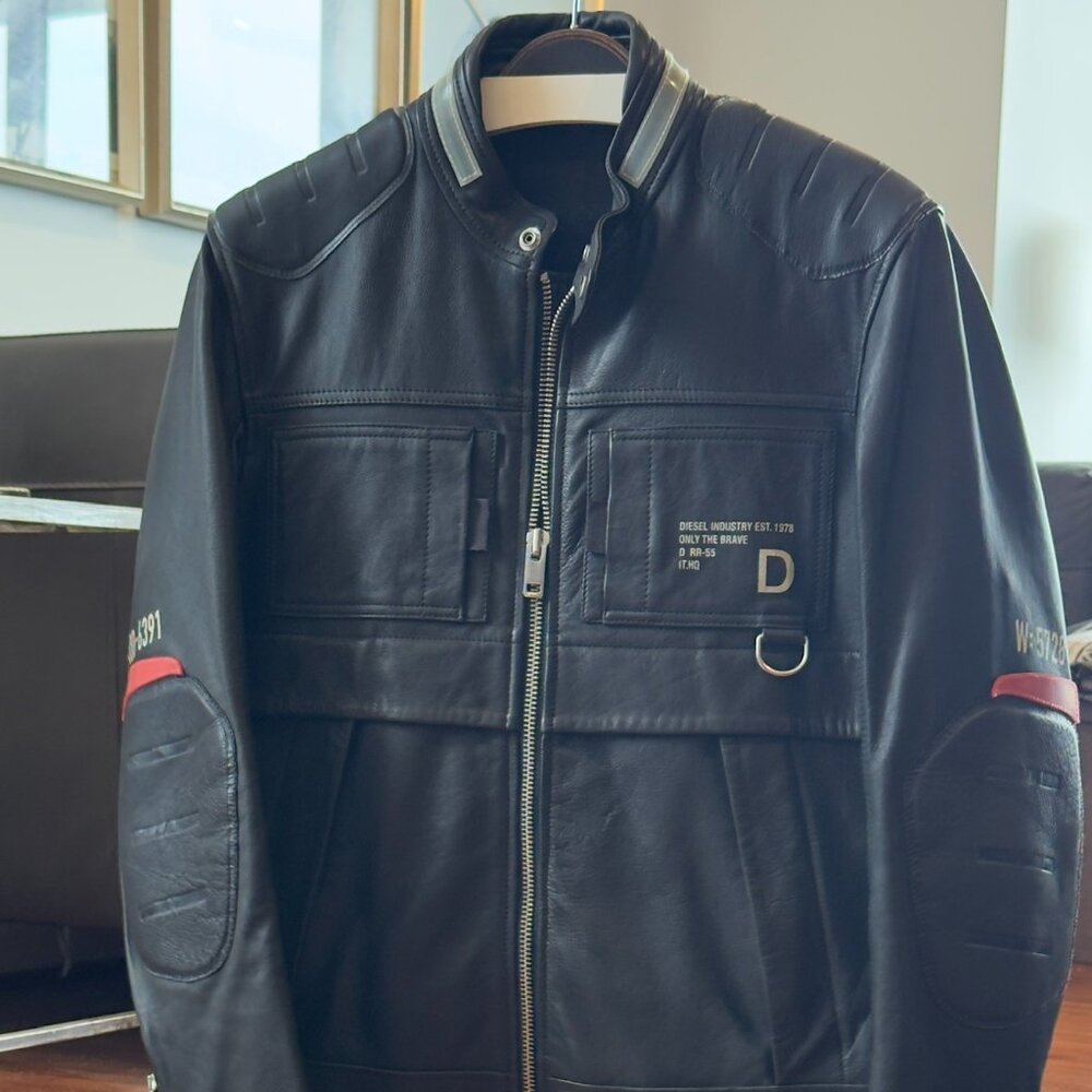 Diesel L-DIXON Genuine Leather Moto Jacket Black Orange Stripe Biker Streetwear
